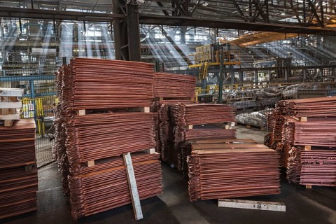 Cathode copper bars in the smelter loaded for rail transport in Legnica, Poland