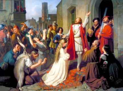 King John of Leiden baptizes a girl, anabaptist dominion of Münster, 1534, digitally edited