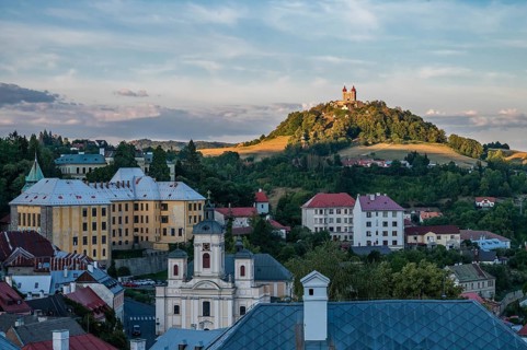 Aerial view over Banska Stiavnica at monastery on the hill, Slovenia