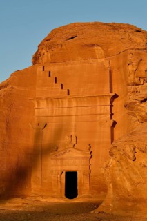 Nabataean tomb at Djabal Khraymat in first daylight, Hegra or Mada'in Salih, AlUla region, Medina