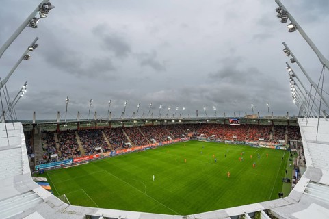 LUBIN, POLAND - AUGUST 6, 2023: Football match Polish PKO Ekstraklasa between KGHM Zaglebie Lubin