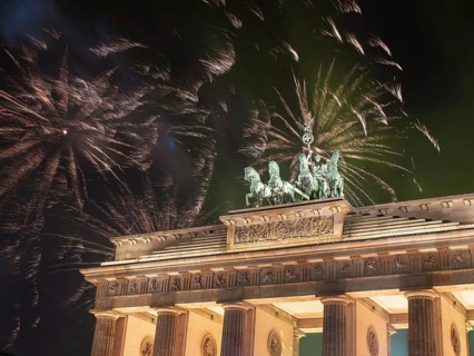 Fireworks over the Brandenburg Gate in Berlin, Germany, during New Year concert and celebrations
