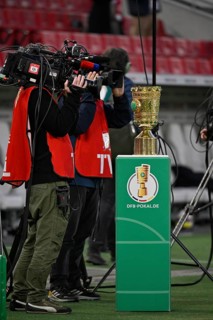 TV camera team films cup on podium, semi-final, DFB Cup, MHPArena, MHP Arena Stuttgart,