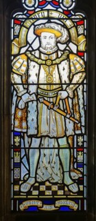 Stained glass window depiction of King Henry VIII, Bristol cathedral church, Bristol, England, UK