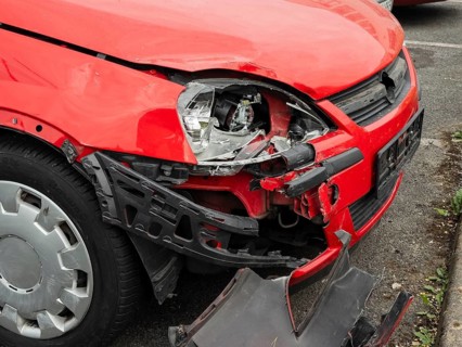 A red car after an accident on the passenger side, Wuppertal, Germany
