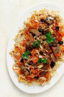 Kabuli pulao, pilaf, the national dish of Afghanistan, rice with meat, homemade, no people
