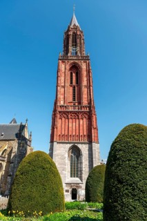 Maastricht, Netherlands, The Protestant Sint Janskerk rises above the carefully tended gardens