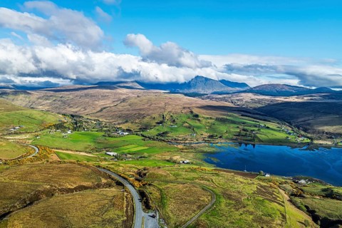 Farms and Moors over Loch Harport from a drone, Drynoch, Isle of Skye, Highlands, Scotland, United