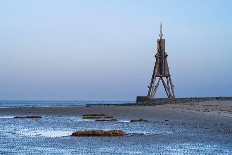Kugelbake, landmark, twilight, low tide, North Sea, Lower Saxony Wadden Sea National Park,