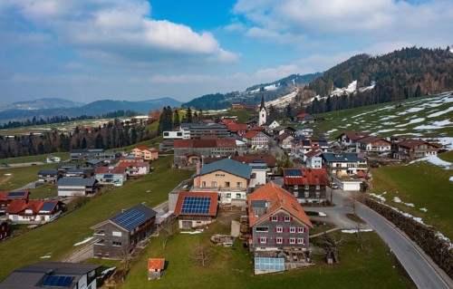 Drone image, residential buildings, settlement area, parish church, Riefensberg, Bregenzerwald,