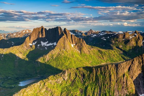 Fjord and mountains, view of Breidtinden peak, Senja, Norway