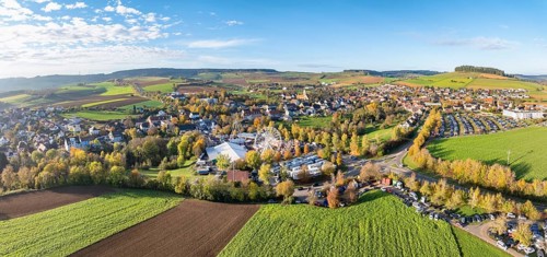 Aerial view, panorama of the town of Tengen, during the 734th Schätzele market, one of the most