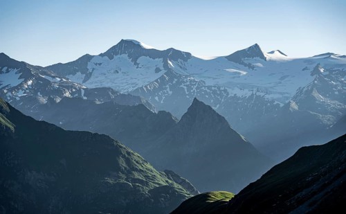 Alpine panorama, view from the Bachlenkenkopf, Großer Geiger and Großvenediger, high mountains,