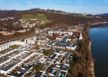 Drone image, housing estate, apartment blocks and high-rise estate, Puchenau, Linz Land district,