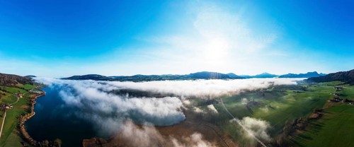 Drone shot, morning fog over the Irrsee, Salzkammergut, Upper Austria, Austria