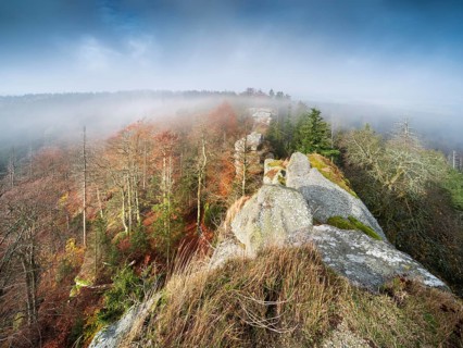 Großer Waldstein, view over rock formation and forest in autumn with fog, Fichtelgebirge, Upper