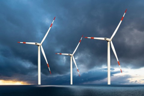 Three wind turbines in the North Sea, thunderstorm, wind turbine, Lower Saxony, Federal Republic of