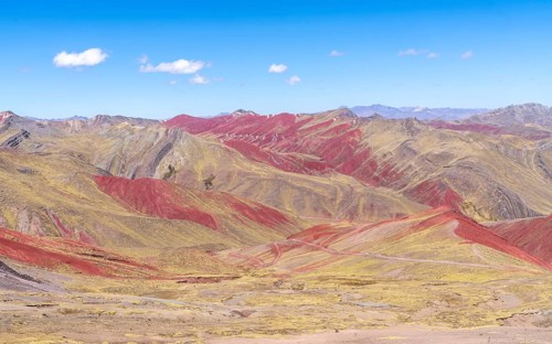 View of the Peruvian Andes near Palccoyo, colourful mountains, Checacupe district, Cusco, Peru