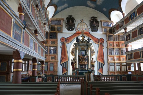 Interior, view to the pulpit altar, Cathedral of the Rhön, Protestant church, Helmershausen,