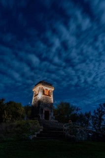 Illuminated Bismarck Tower, Großer Wartberg, cloudy sky, Niederndodeleben, Hohe Börde,