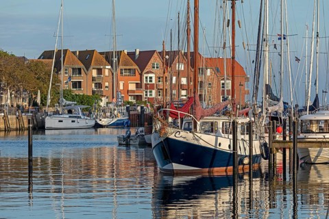Boats, houses, harbour, Orth, Fehmarn, Schleswig-Holstein, Germany