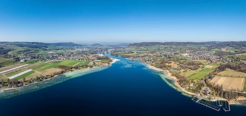 Aerial view, panorama of Lake Constance, Untersee, also known as Lake Rhine, which flows into the