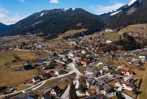 Drone image, residential buildings, view of town, Ardning, Ennstal, Styria, Austria