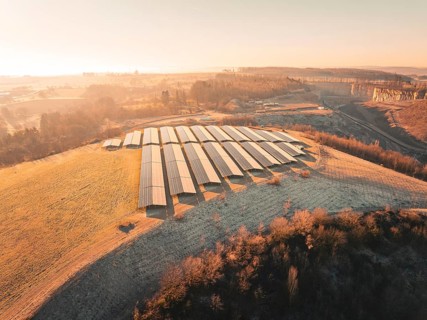 Large solar park in the middle of rural, sun-drenched fields, Magstadt, Germany