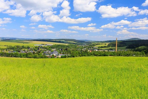 View of Cranzahl, in the background Annaberg-Buchholz and Pöhlberg, Erzgebirge, Saxony, Germany
