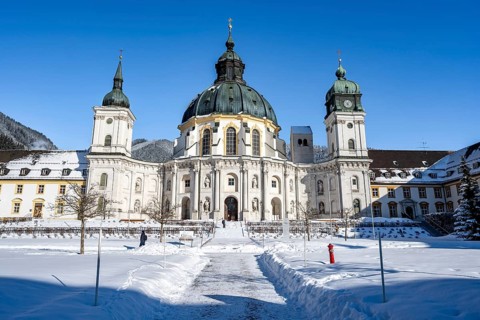 Ettal Abbey, baroque Benedictine abbey, inner courtyard with snow in winter, Ettal, Upper Bavaria,
