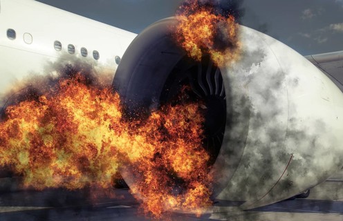 Grounded plane in the airport experiencing a catastrophic failure event caused by burning engine,