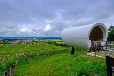 Terroir f, viewpoint in the vineyards on the Schwanberg near Rödelsee, Steigerwald nature park