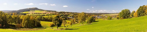 Panorama with Scheibenberg and town view of Schlettau in autumn, in the background the