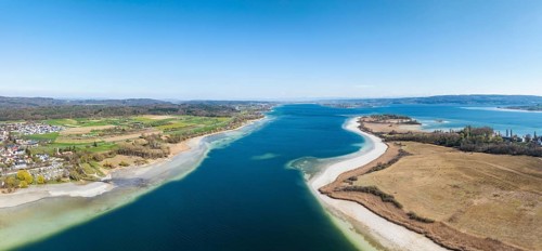 Aerial view, panorama of the Markelfinger Winkel in western Lake Constance, on the right the