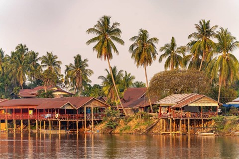 Stilt houses on the Mekong on Don Khon Island, Si Phan Don, Champasak Province, Laos