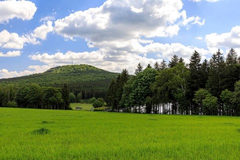 Bärenstein Mountain and Cranzahl Dam at the foot of the mountain, Sehmatal, Erzgebirge, Saxony,