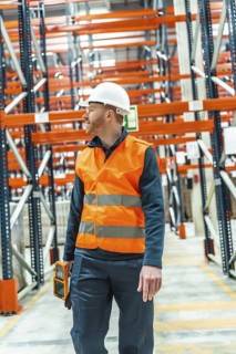 Warehouse worker wearing high visibility vest and hardhat walking through logistics center while