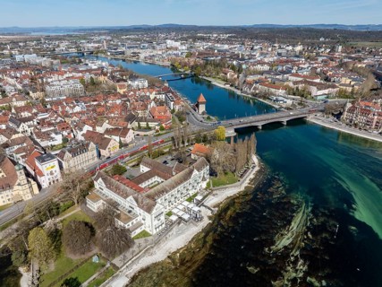 Aerial view of Lake Constance with the Seerhein, also Rhine funnel and the old town of Constance