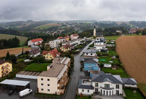 Drone image, residential buildings, view of village with church, Brunnenthal, Innviertel, Upper