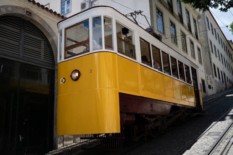 LISBON, PORTUGAL - MAY 19, 2025: Famous Elevador da Gloria at the street of Lisbon