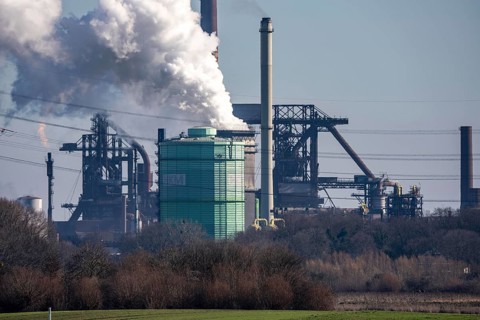 Backdrop of the HKM steelworks, Krupp-Mannesmann steel mill, blast furnaces, gasometer, coking