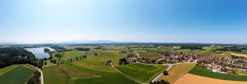 Drone shot, Abtsdorfer See with village Leobendorf, municipality Saaldorf-Surheim, Rupertiwinkel,