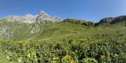 Panorama from the Kemptner Hütte, 1844m, to the Muttlerkopf, 2368m, Allgäu Alps, Allgäu, Bavaria,