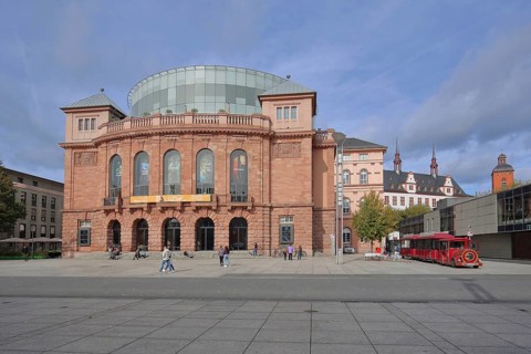 State theatre built in 1830, tourist railway, pedestrian, tower, old town, Mainz, Rhine-Hesse