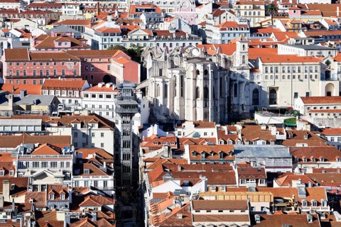 View over Lisbon, Santa Justa lift and The Church and Convent of Our Lady of Mount Carmel, Portugal