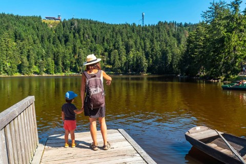 A family in summer at Lake Mummel or mummelsee, Black Forest, Germany