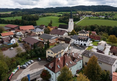 Drone shot, view of village with church, Sankt Marienkirchen am Hausruck, Hausruckviertel, Upper