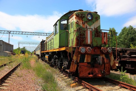 Exclusion zone, locomotive and train carriage on the site of the former Yaniv railway station, now