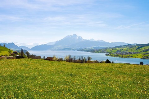 View of Lake Lucerne and Mount Pilatus, Küssnacht am Rigi, Canton Schwyz, Switzerland