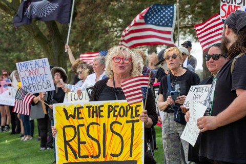 Warren, Michigan USA - 29 April 2025 - Thousands of protesters showed up to 'unwelcome' President